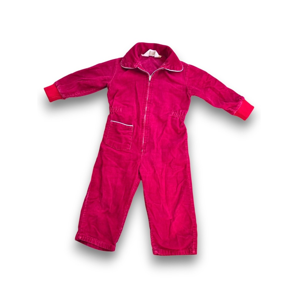 Vintage 70s Montgomery Ward Baby Corduroy Romper Body Suit Red Zipper Toddler 2T